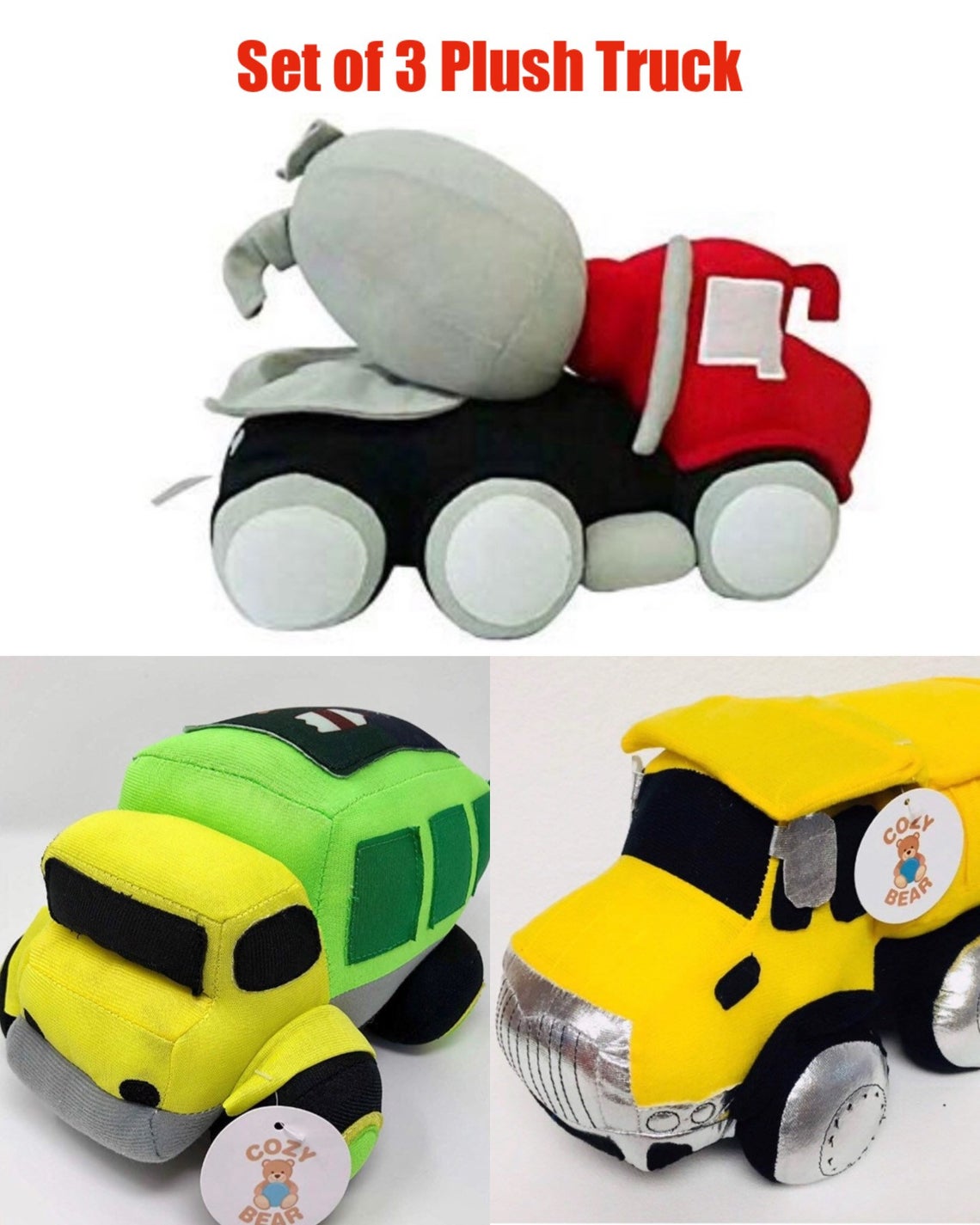 Set of 3 Toy Plush Trucks Garbage, Dump, and Cement Soft Plush 10