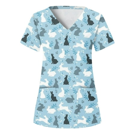 

Women Scrubs Top Working Uniform Nurses Clothing Short Sleeve V-Neck Top Printed T-Shirt Casual Workwear Top