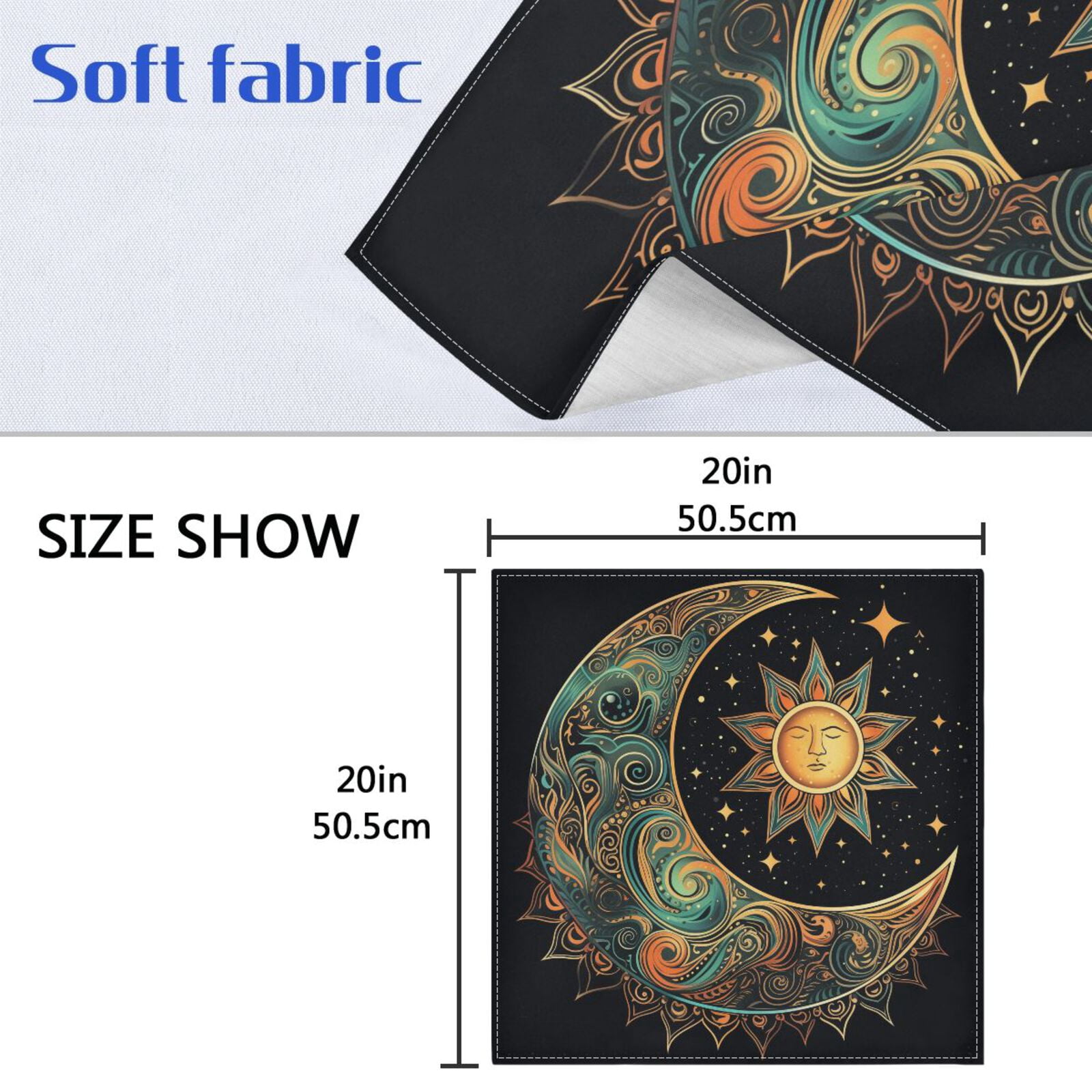 JSTEL Crescent Moon Stars Sun Cloth Napkins Set of 6, 20x20 Inch Washable and Reusable Napkin for Decoupage Dinner Party Everyday Use