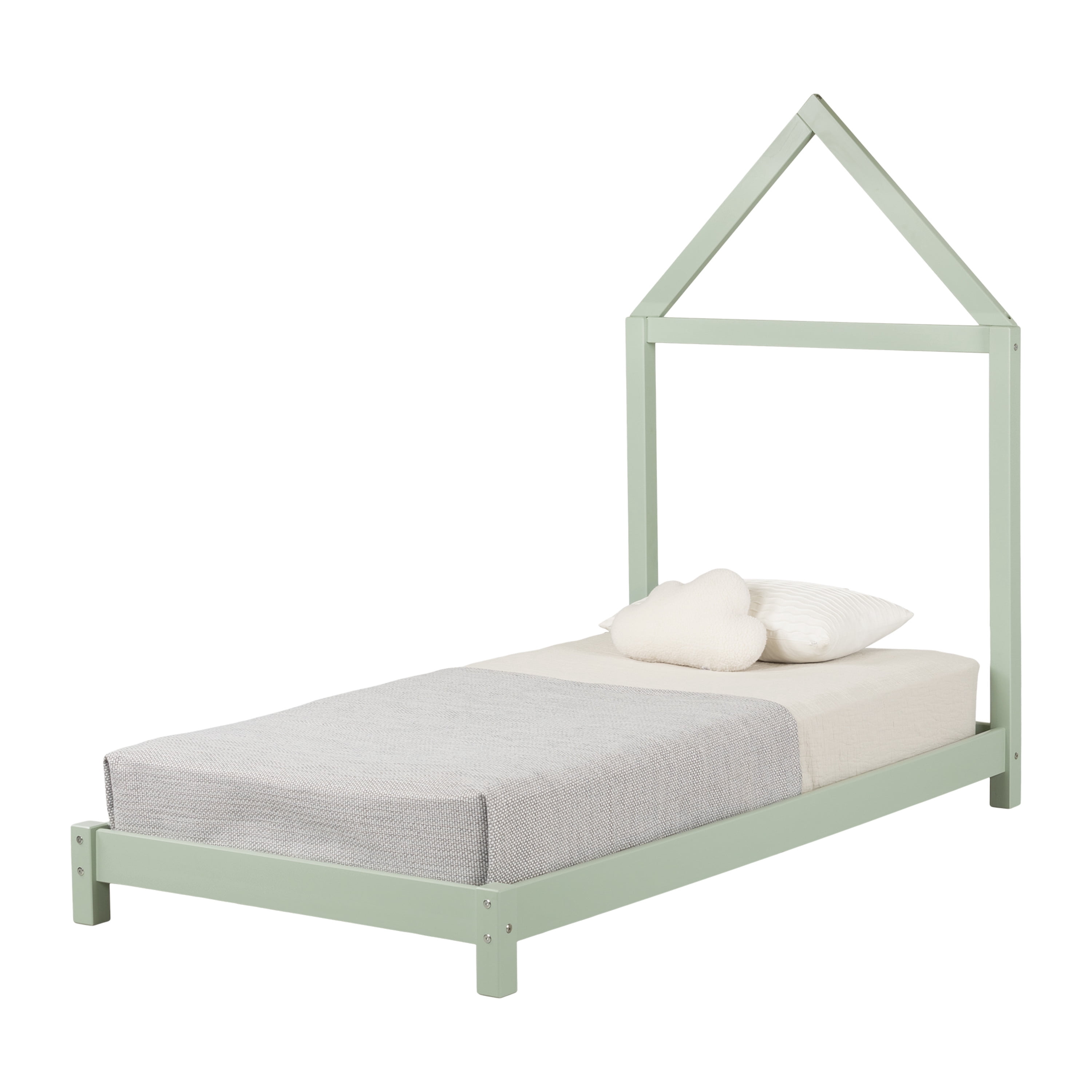 South Shore Sweedi, Scandinavian Twin Bed with House Frame Headboard, Sage Green