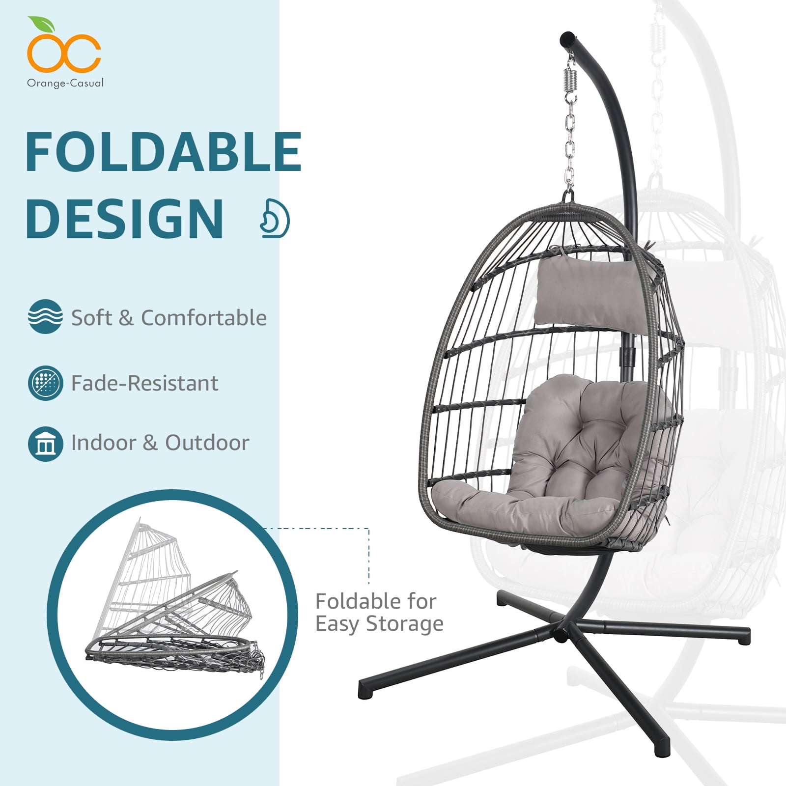 OC Orange-Casual Egg Chair with Stand and Cover, Patio Wicker Hanging Swing Chair, Light Grey