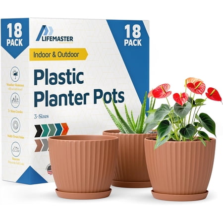 Terracotta 6-Inch Plant Pots with Drainage & Saucers 18 Pack Indoor & Outdoor Planters for Houseplants Herbs and Flowers Durable & Weatherproof Material Stackable Lightweight Minimalist Design