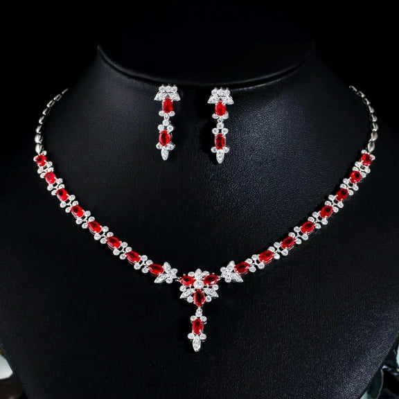 Silver Plated Red Cubic Zircon Crystal Party Flower Necklace Earring Jewelry Set