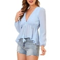 thumbnail image 5 of MODA NOVA Juniors Deep V Neck Drawstring Swiss Long Sleeves Blouse Tops Light Blue XS, 5 of 7