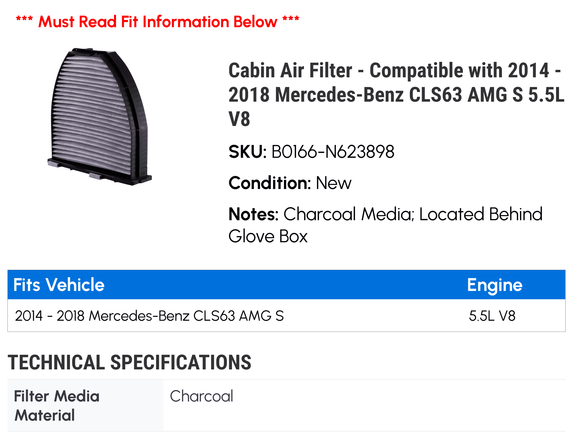 Cabin Air Filter - Compatible with 2014 - 2018 Mercedes-Benz CLS63 AMG S 5.5L V8 2015 2016 2017