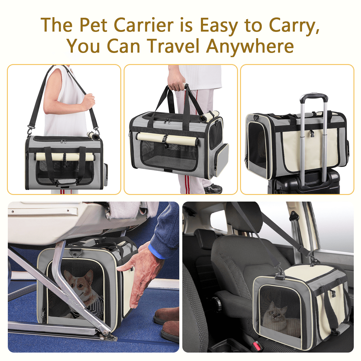 CshidWorld TSA Airline Approved Collapsible Cat Carrier for Large Cats and Small Dogs up to 25lbs, Soft-Sided Travel Dog Carrier (Beige-gary)