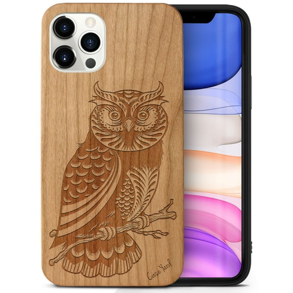 Case Yard Wooden Case Outside Soft TPU Silicone, Slim Fit Shockproof Wood Protective Phone Cover for Girls Boys Men and Women, Supports Wireless Charging Owl 2 Design case for iPhone-11-Pro