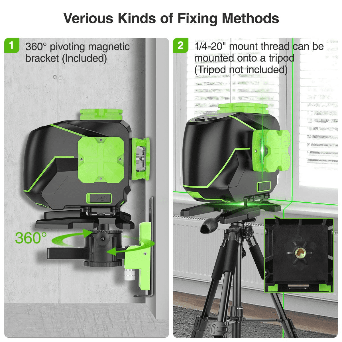 Huepar 3 x 360 Degree Cross Line Laser Level 3D Self-leveling Tiling Floor Green Beam Laser Leveler Tools with Li-ion Battery & Pivoting Base S03DG-L