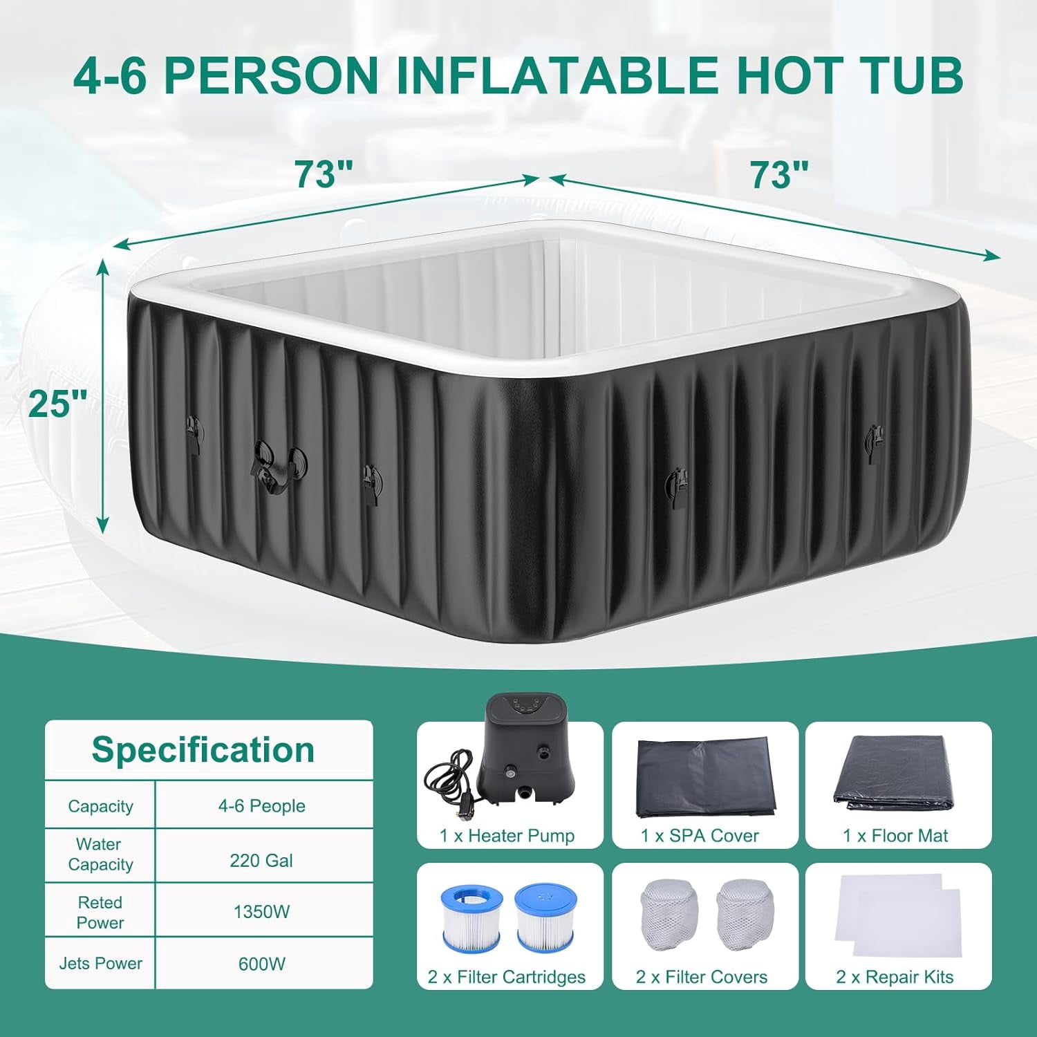 MOPHOTO 4-6 Person Inflatable Hot Tub, Large Square Portable Blow up Hot Tub, Leak-Proof PVC Outdoor Spa with 130 Air Jets, Insulated Cover and Heater Pump(73"*73"*25")