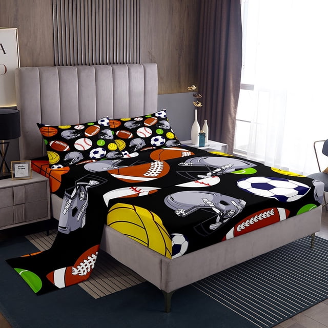 Erosebridal Teens Baseball Sheet Set Queen, Rugby Players Bedding Sets Queen Size, Ball Sports Gaming Decor , 4pcs