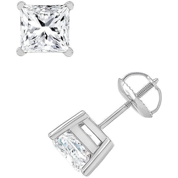 2 Ct Princess Cut Real Moissanite Women Screw Back Stud Earrings For Wedding & Engagement 14k White Gold Plated 925 Silver