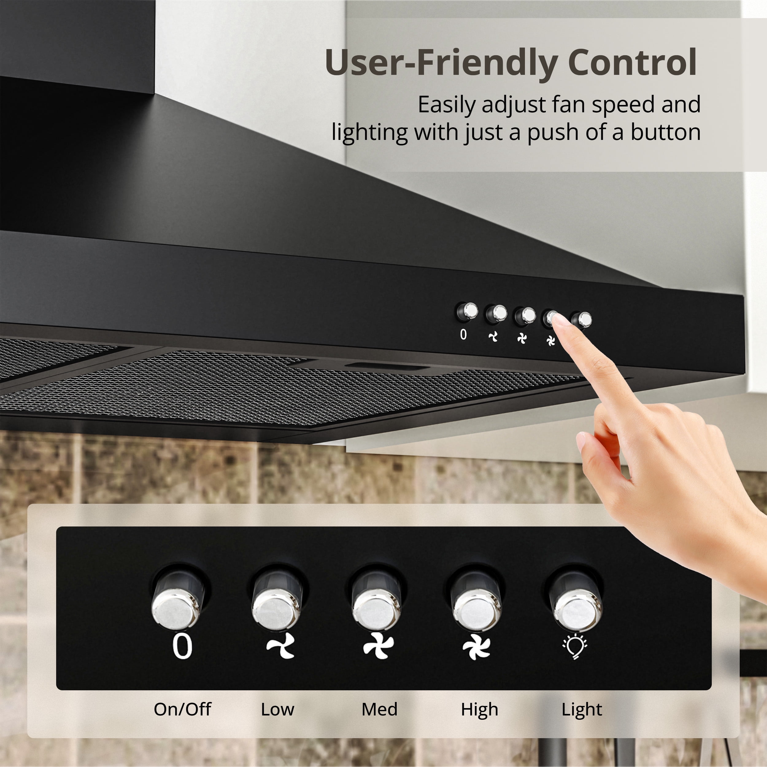FIREGAS 24-Inch Black Wall Mounted Range Hood, 450m³/h Suction Power, Stylish Design with Two Smoke Evacuation Modes, 3-Speed Push Button Control,Convertible Ducted/Ductless