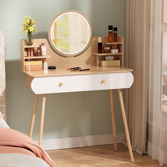 Dapmiu Simple White Wooden Dressing Table, 2 Drawers & Open Shelves with 3-Color LED Light Mirror, Easy Assembly Vanity Desk