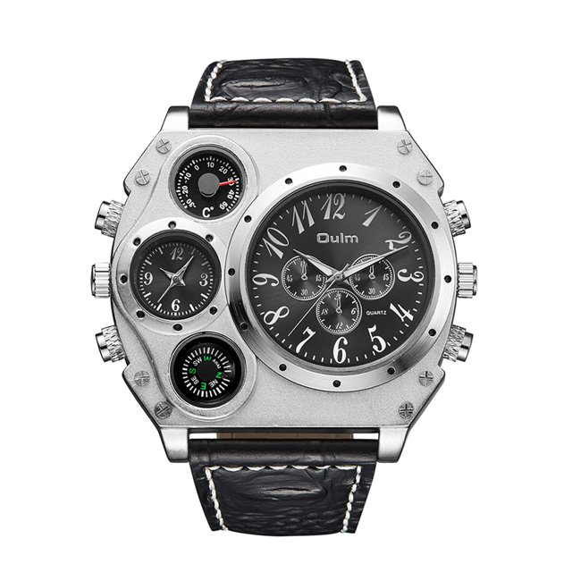 oulm reloj de pulsera de cuarzo con correa de cuero sintético para hombre, personalizado, de gran tamaño vista frontal centrada con caja de aleación y bisel atornillado, esfera negra con cuatro diales (dos diales de hora, dial decorativo de termómetro y dial decorativo de brújula), tres coronas laterales, cristal de vidrio templado mineral y correa negra de cuero PU con costura blanca; fondo neutro de catálogo. A menudo se usa como accesorio de moda para looks casuales.