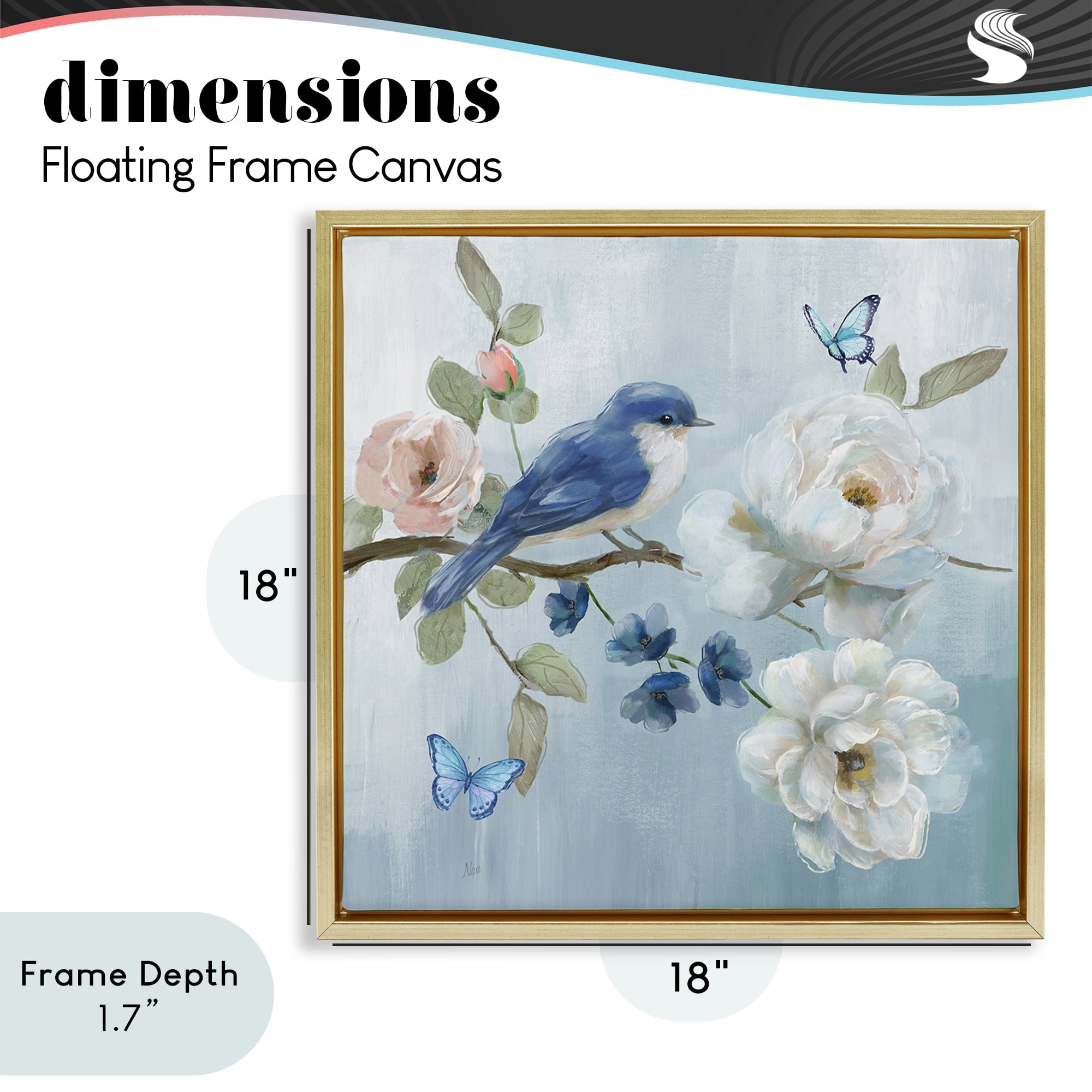 Stupell Industries Blue Bird Tranquility Gold Framed Floater Canvas Wall Art, design by Nan