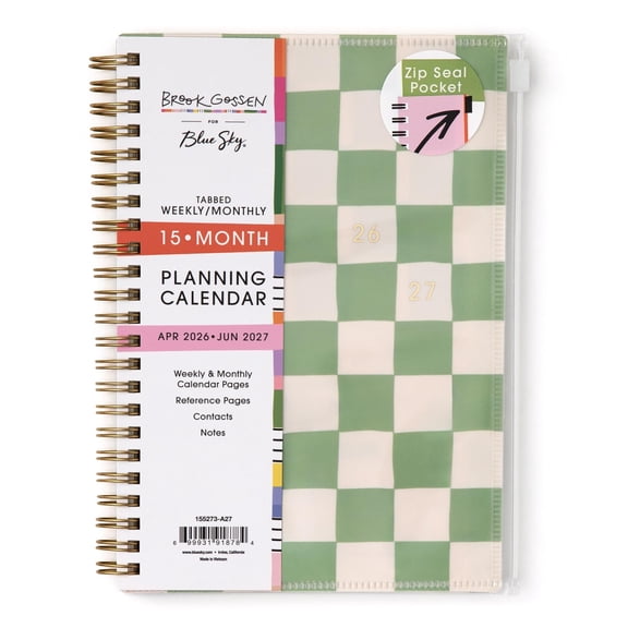 Blue Sky Brook Gossen 15 Month 2026-2027 Weekly and Monthly Academic Year Planner Calendar, April 2026 - June 2027, 5" x 8", Flexible Cover With Zip Pouch, Wirebound, Storage Pocket, Green Check
