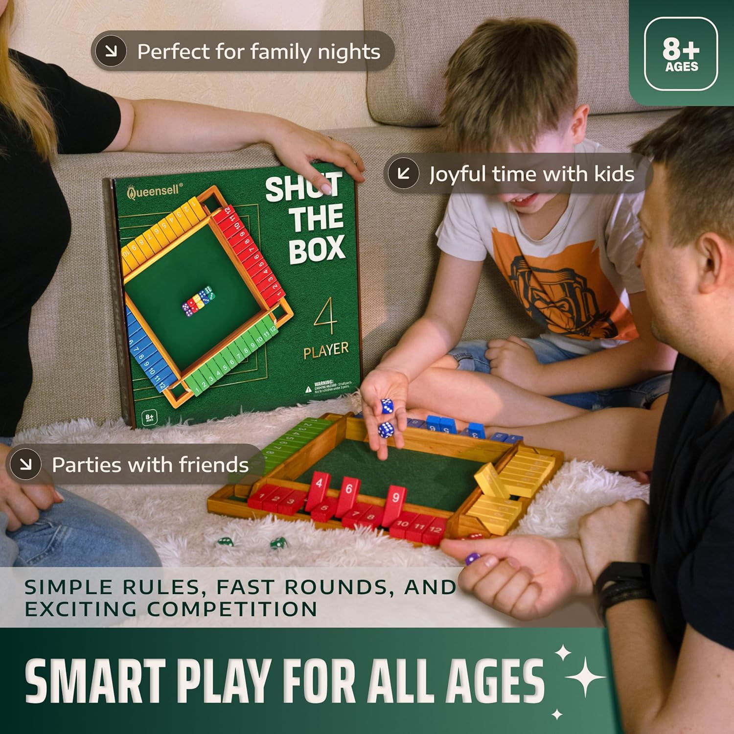 Shut The Box Game Wooden For 4 Players - Math Games -Family Games For Kids And Adults - 14-inch Close The Box Game 12 Numbers - Family Board Games