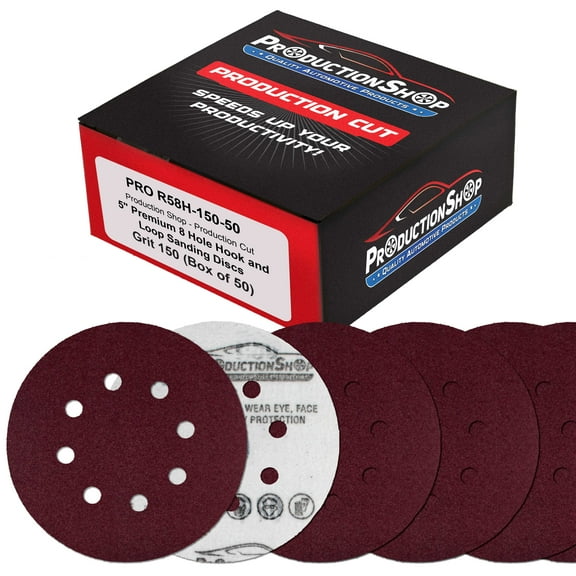 ProductionShop Premium 5" Red 8-Hole Pattern 150 Grit Sanding Discs, Box of 50 - Dustless Hook & Loop Backing Sandpaper for Random Orbital Sanders, Medium-Fine-Cut Abrasive