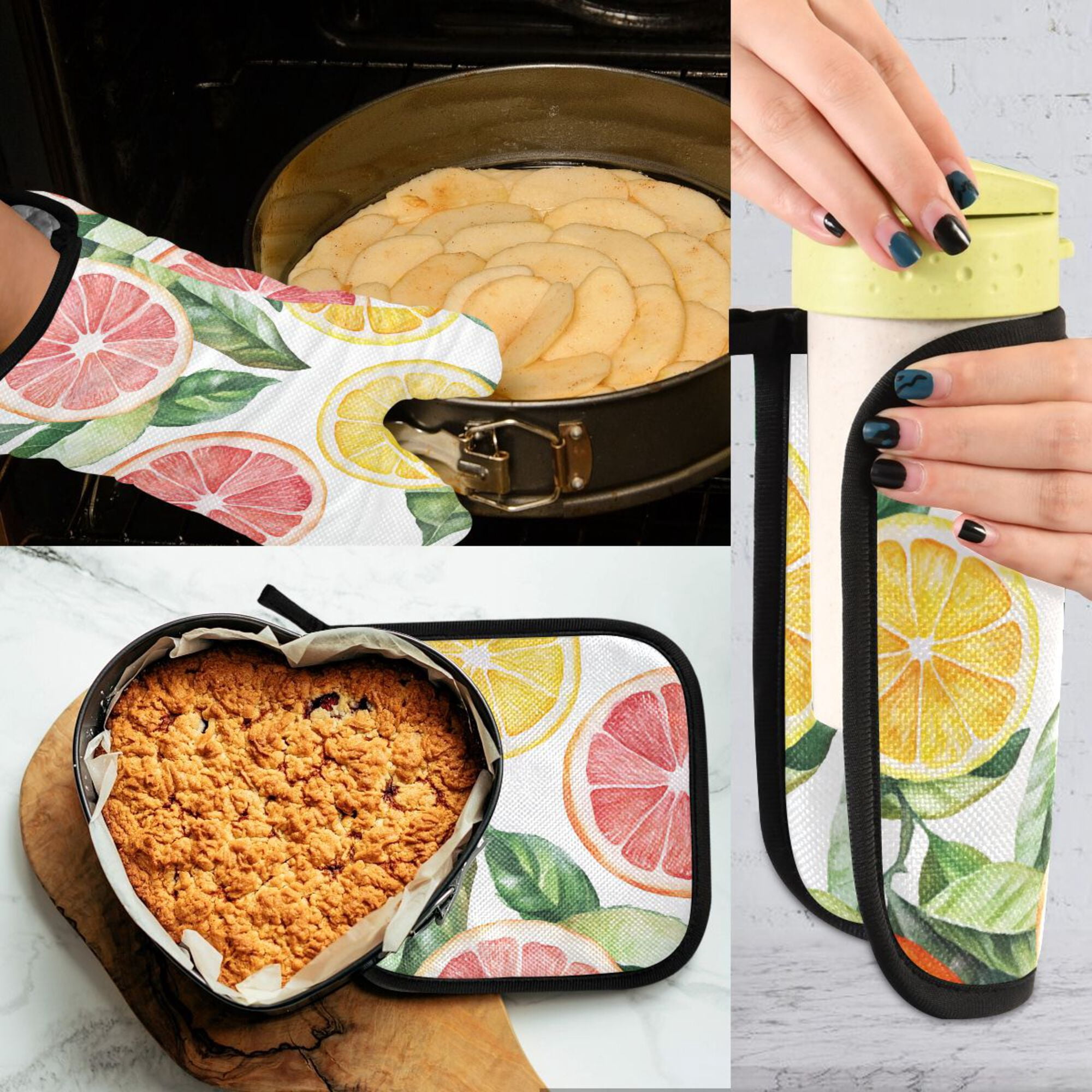 Yayeee Oven Mitts and Pot Holder Set of 4 Heat Resistant Kitchen Gloves Baking Hot Pad, Candy Grapefruit