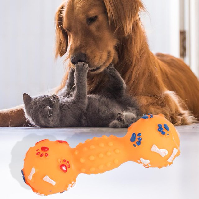 Colorido punteado mancuerna en forma de Squeeze Squeaky Faux Bone Pet Dog Toys