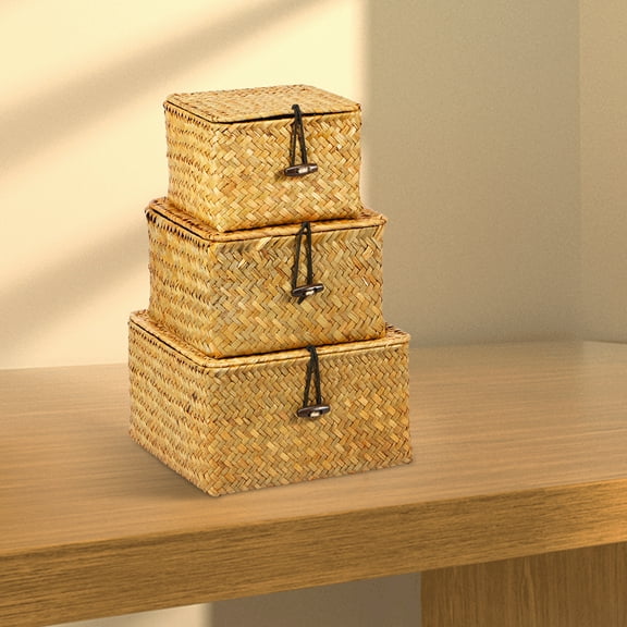 3Pcs Woven Storage Basket with Lid Processed Hay Handmade Shelf Basket Stackable Woven Basket Bins with 3 Sizes Multifunctional Storage Box for Shelves Toys Cosmetics Closet