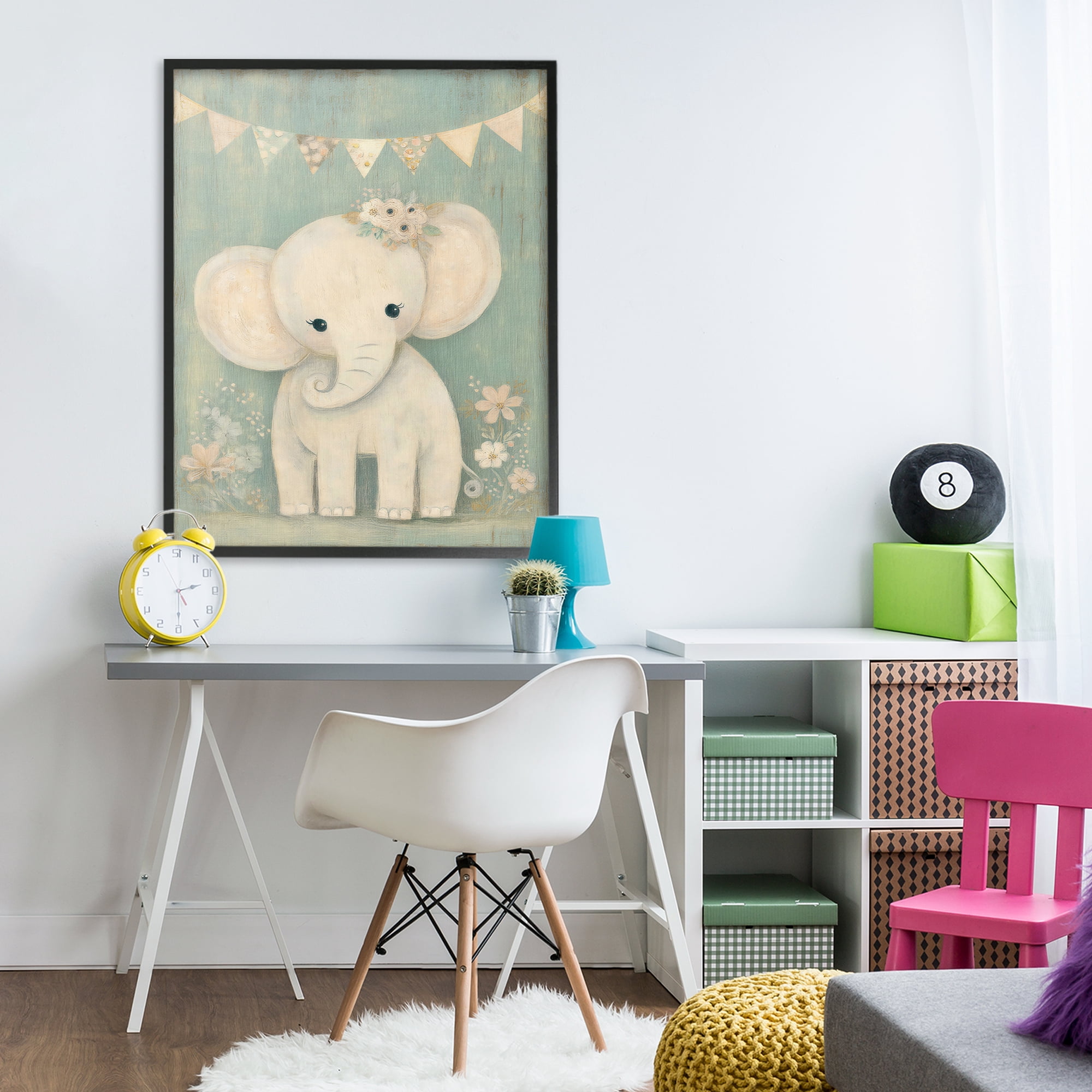 Stupell Industries Elephant with Overhead Banner Black Framed Giclee Art, design by Ink Drop Loft
