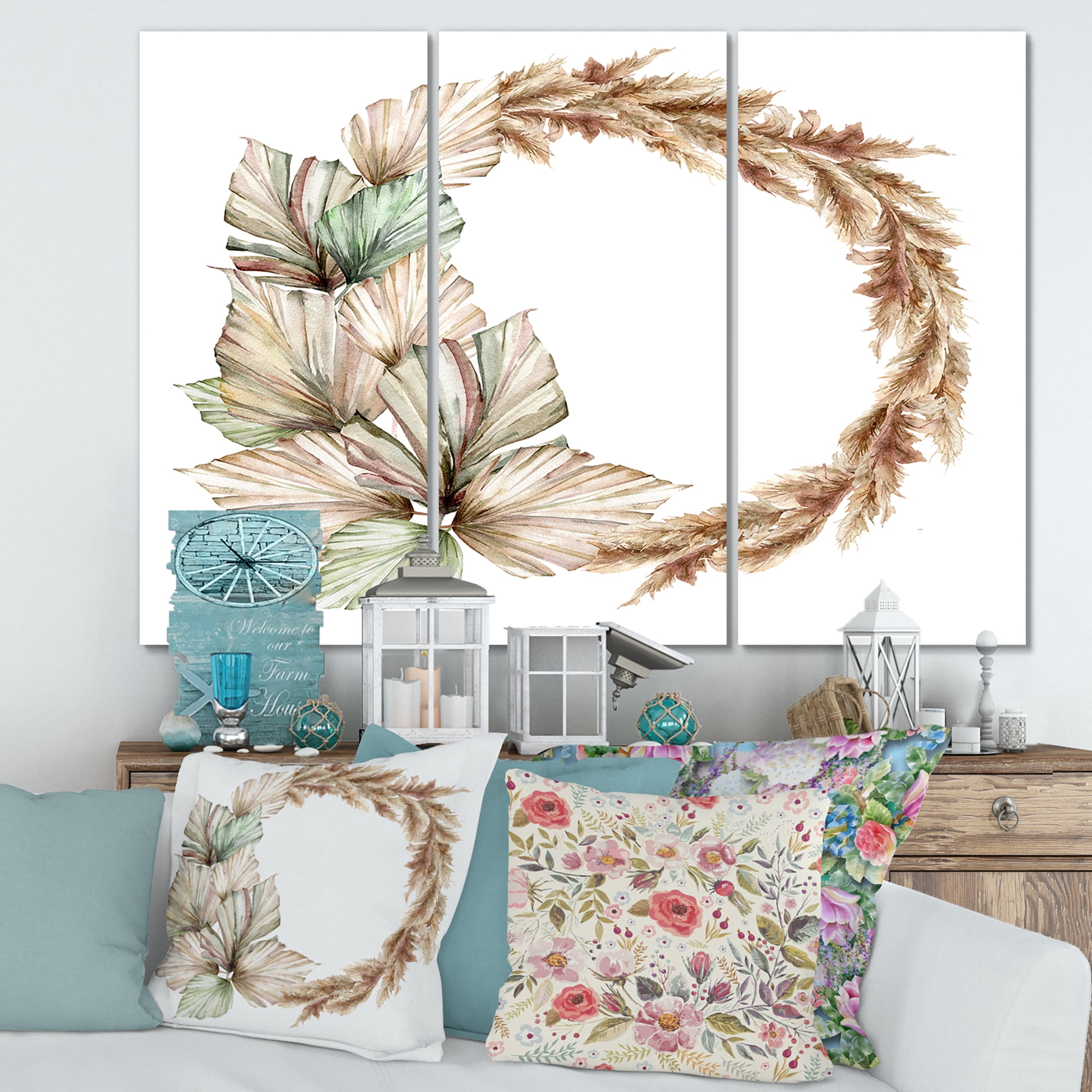 Designart ' Dry Palm Leaves and Pampas Grass With Wreath ' Traditional Canvas Wall Art Print