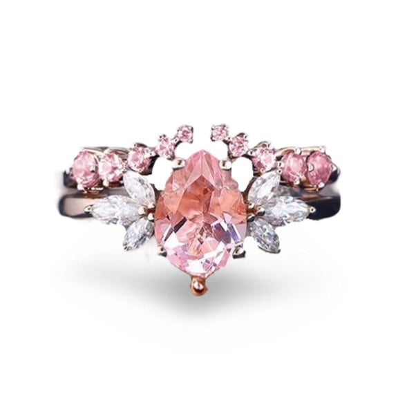 Sterling Silver Pear Peach Sapphire Ring Set For Women