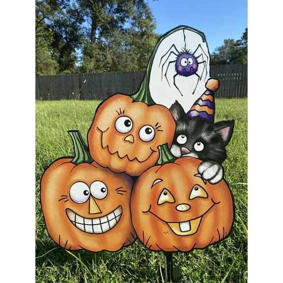 Pumpkin Trio with Black Cat Yard Art Decoration