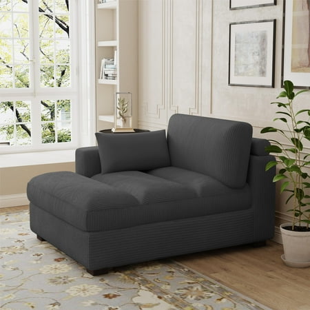 DREAMSIDEA Oversized Chaise Lounge for Living Room Modern Corduroy Sofa with Right Armrest Indoor Lounge Chair,Dark Grey