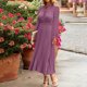 thumbnail image 4 of Vestido midi acampanado con estampado de puntos Color sólido Traje diario con cordones y cintura con cuello en V para mujer, 4 of 9