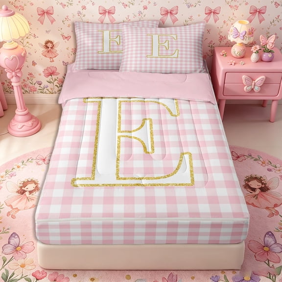 Castle Fairy Plaid Gold Letter E Zipper Twin Comforter Sets with Fitted Sheet and 2 Pillowcases for Girls,Minimalist Geometric Grid Zipper Bedding Set,4-Piece,Reversible