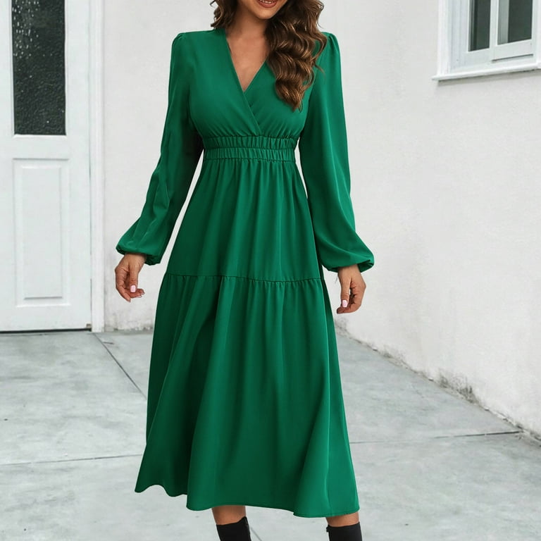 Busydd Womens Fall Dresses V Neck Long Sleeve Homecoming Dresses Fashion Elegant Solid Color Wedding Guest Dress Casual Flowy Pleated Cocktail Dress