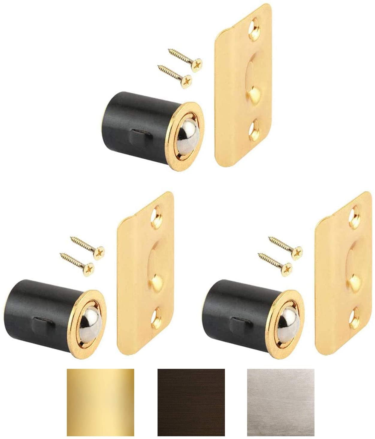 (3 Pack) Brass Plated Closet Door Drivein Ball Catch with Strike Plate