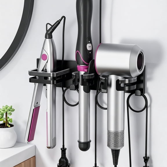 BOIVSHI Hair Dryer Holder Wall Mounted,3 in 1 Metal Hair Tool Organizer for Curling Iron Flat Iron Hair Straightener, Bathroom Blow Dryer Holder,Black