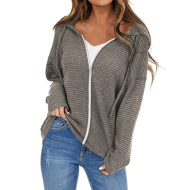 Baberdicy Cardigan Sweater Ladies Drawstring Hooded Solid Color Zipper Long Sleeve Cardigan Women's Cardigans Brown