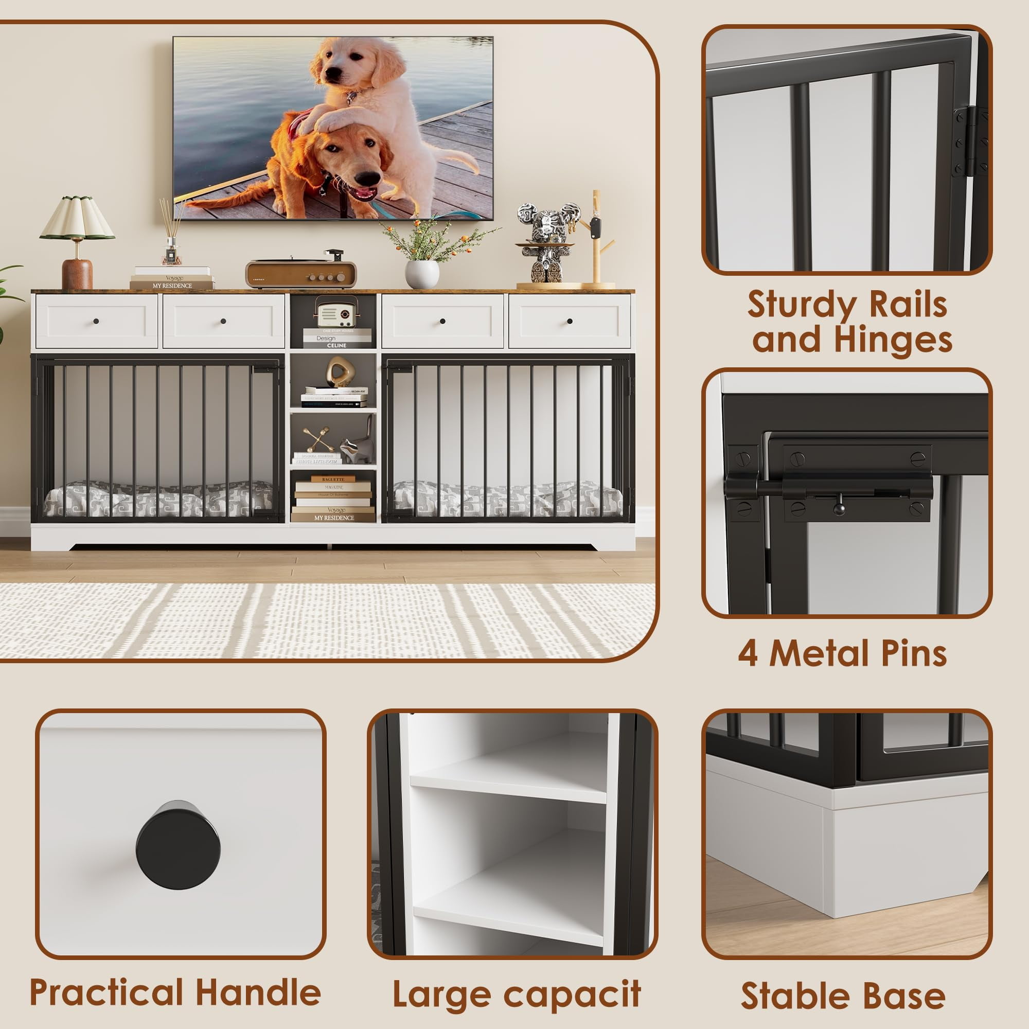 Yeshouse Large 82” Dog Crate for 2, Dog Kennel Furniture with Storage Drawers & Shelves, TV Console for Living Room