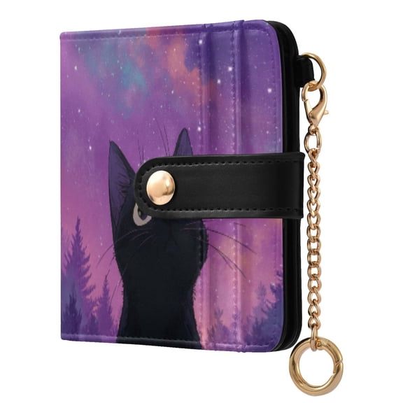 Womens Wallet PU Leather Bifold Small Purse with RFID Blocking Credit Card Holder Purple Sky and Black Cat