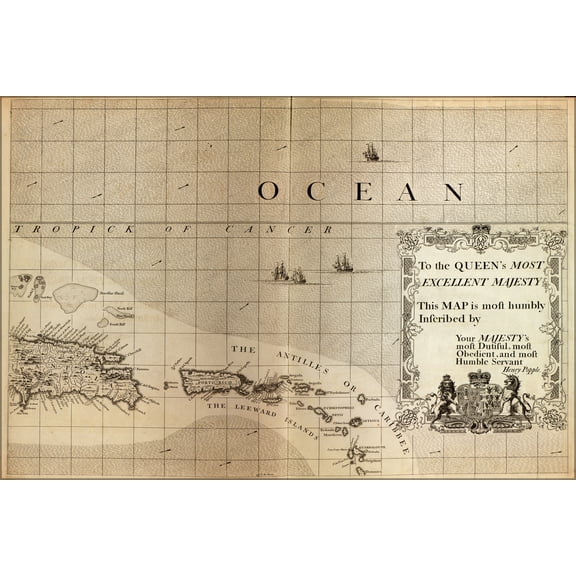 24"x36" Gallery Poster, map of Puerto Rico, Dt. Kitts, Antigua Nevis 1733