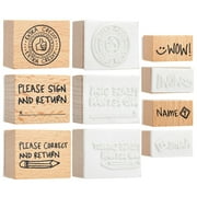 9 Piece Set of Wooden Rubber Teacher Stamps - Classroom Supplies for Grading Homework (Assorted Sizes)