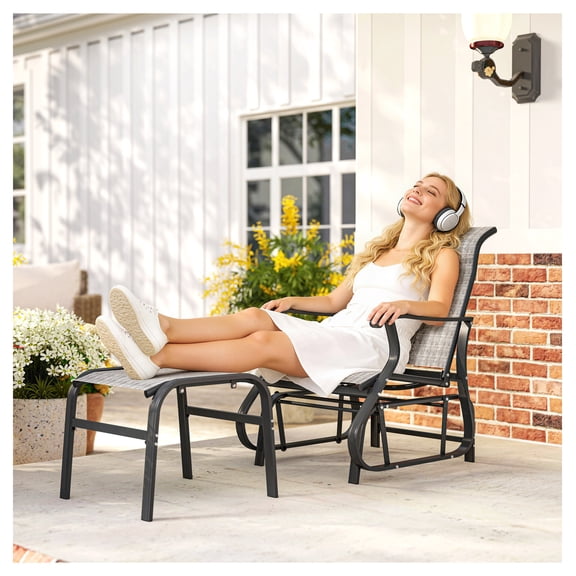 Outdoor Glider Chair with Ottoman Set, Patio Glider Rocker for Porch, Garden, Backyard, Wide Seat, High Back, Gray