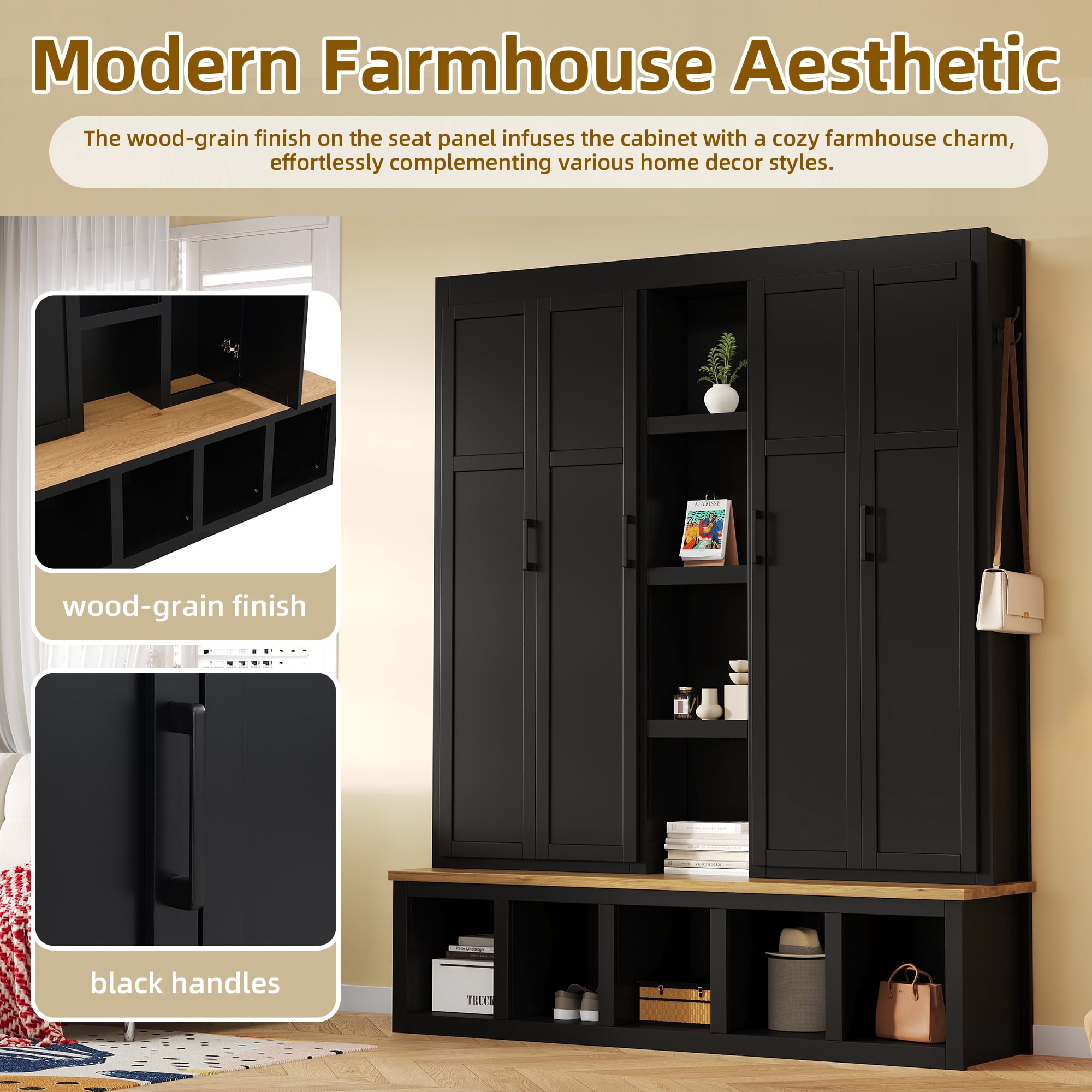 Farmhouse 4-in-1 Hall Tree with 6 Hanging Hooks, 62.9''W Mudroom Wood Grain Bench Shoe Organizer with Cubbies, Entryway Coat Rack with Storage Shelves for Hallway, Living Room