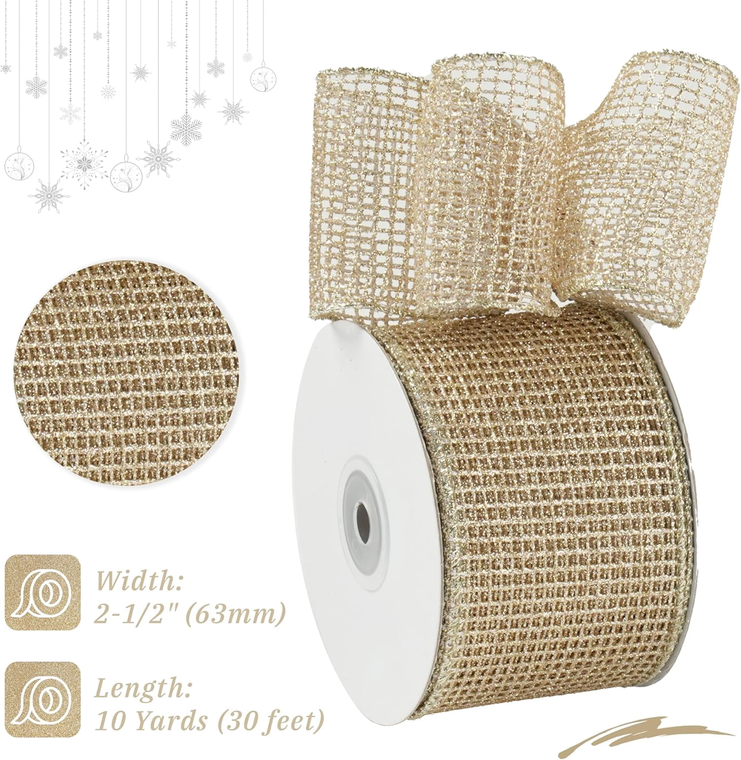 Champagne Gold Wired Ribbon 2.5" X 10 Yards Glitter Mesh Wired Gold Christmas Ribbons for Tree Decorations, Topper Bows, Wreath,Garlands, Gifts Wrapping