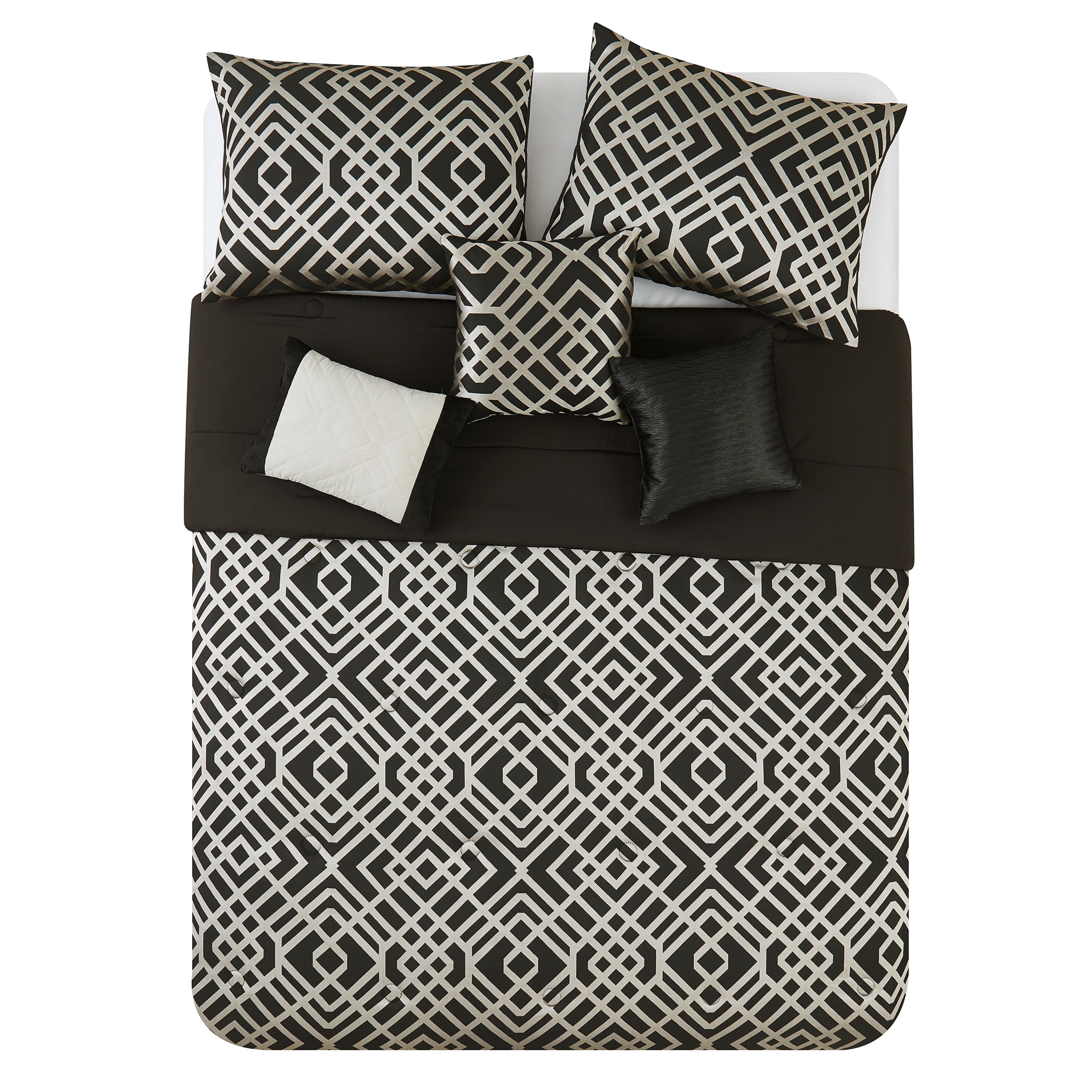 Mainstays Glen 7-Piece Black/Gold Geometric Polyester Comforter Set, King