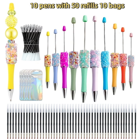 10set Petal Glitter Beadable Ballpoint Pens | Retractable Diamond Bead Pen with 50 Refills and 10 Pen Bags, Plastic Bling Pens, Cool Shaft Beaded Pen, Black Ink for Making, Party, Office