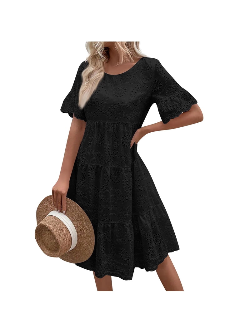 knee length dresses for ladies Open Back Puff Sleeve Midi Smock Dress in Black 16