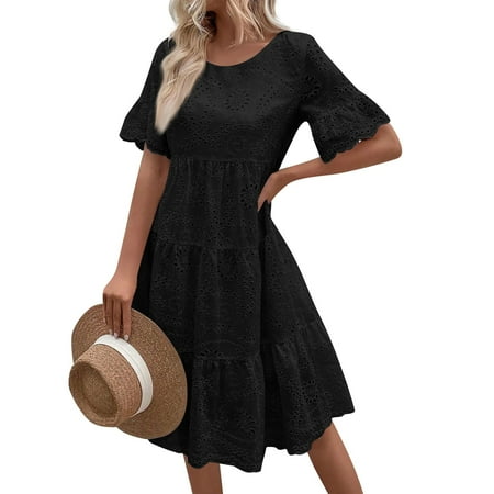 Qwertyu Women s Lace Eyelet Short Sleeve Tiered Midi Dresses Ruffle Hem Babydoll Summer Dresses Black S