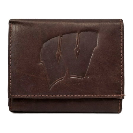 Team Logo Wallets - Wisconsin Badgers NCAA Embossed Logo Dark Brown Leather Trifold Wallet