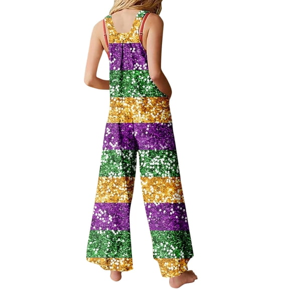 FYEGRE Womens Holiday Jumpsuits Dressy Mardi Gras Valentines Wide Leg Adjustable Strap Graphic Sleeveless Plus Size Rompers Purple M
