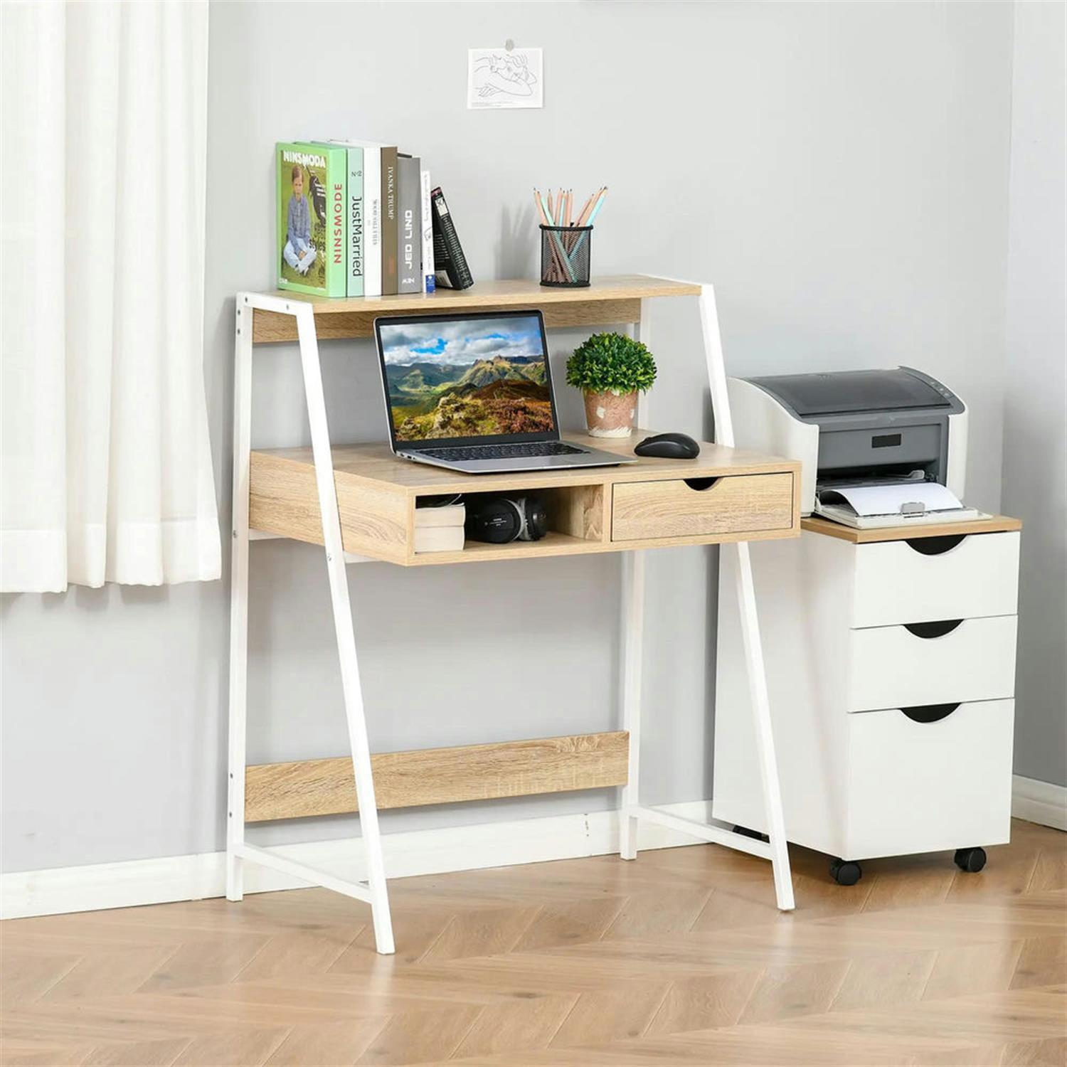 Demi Bonn Modern Office Desk with Drawer and Storage Shelves, Home Computer Desk for Living Room, Office, Study Writing Table PC Desks, Beige
